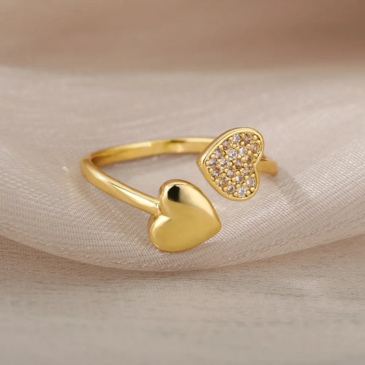 Smooth Double Heart Rings For Women Stainless Steel Zircon Heart Love
