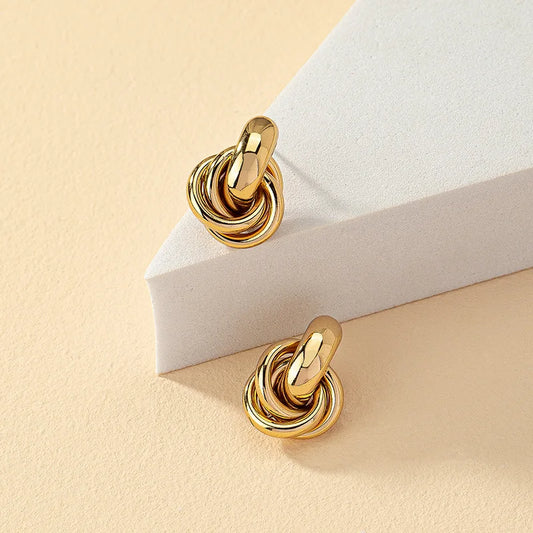 Fashion Round Double Ring Metal Stud Earrings For Women Men Gold