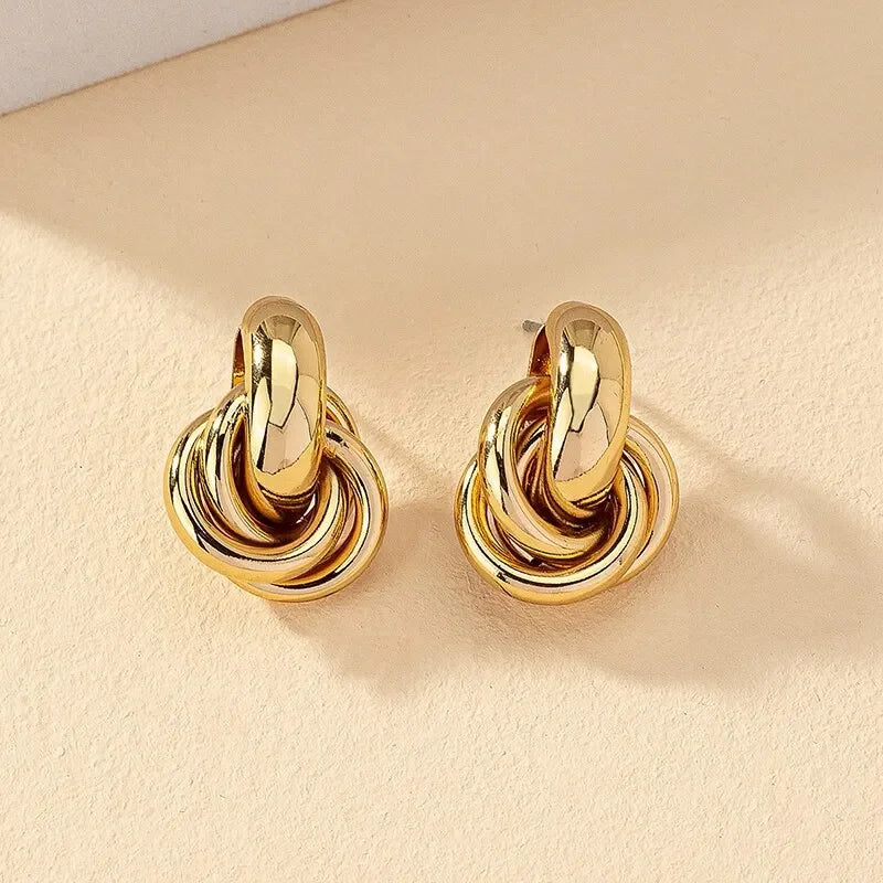 Fashion Round Double Ring Metal Stud Earrings For Women Men Gold