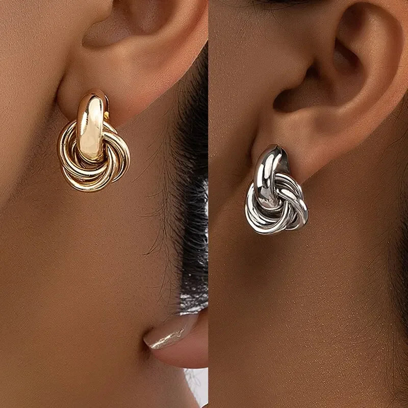 Fashion Round Double Ring Metal Stud Earrings For Women Men Gold