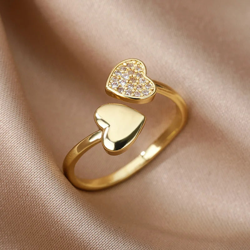 Smooth Double Heart Rings For Women Stainless Steel Zircon Heart Love