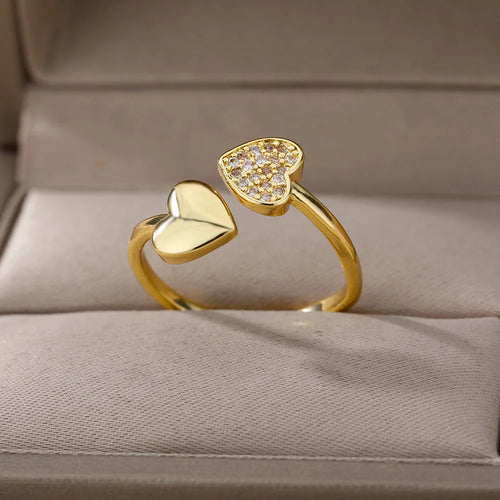 Smooth Double Heart Rings For Women Stainless Steel Zircon Heart Love